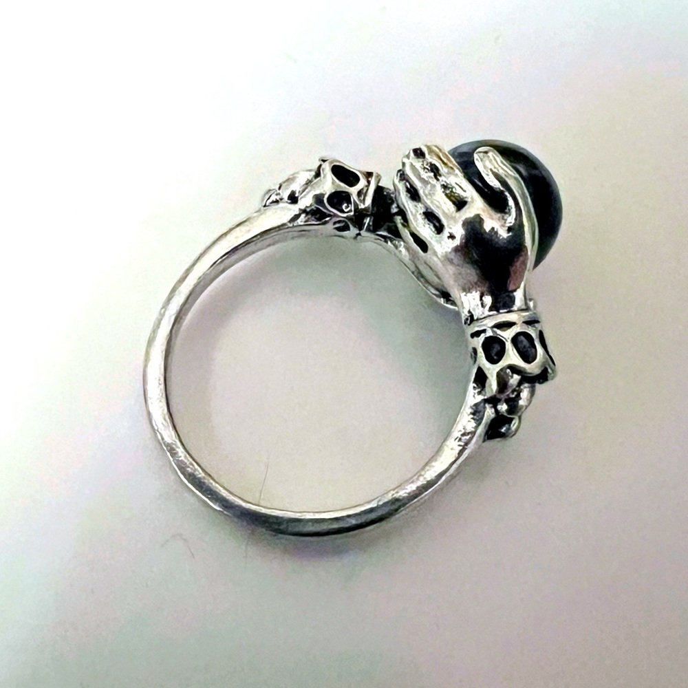 Hands Holding Crystal Ball Ring Silver Tone Faux Pearl Size 9 Fortune